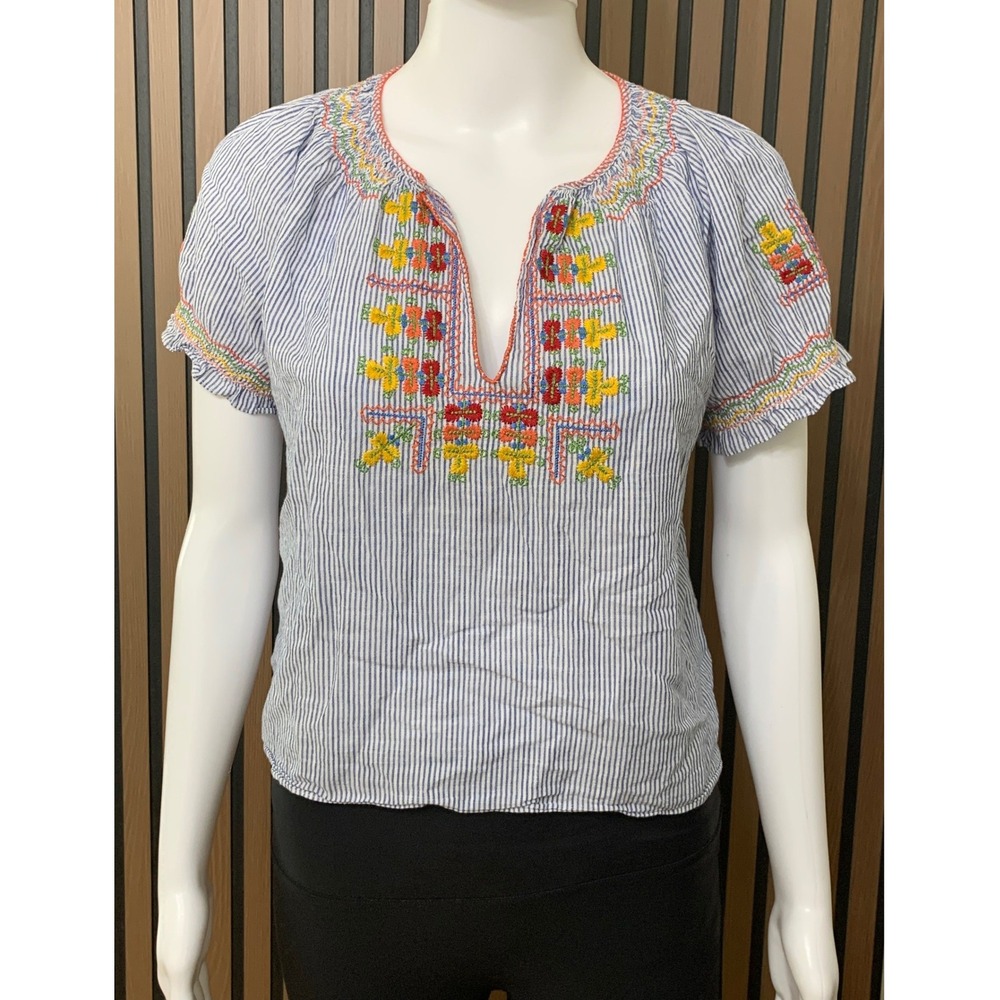 Madewell Blue White Pinstripe Embroidered Smocked Peasant Blouse S Boho